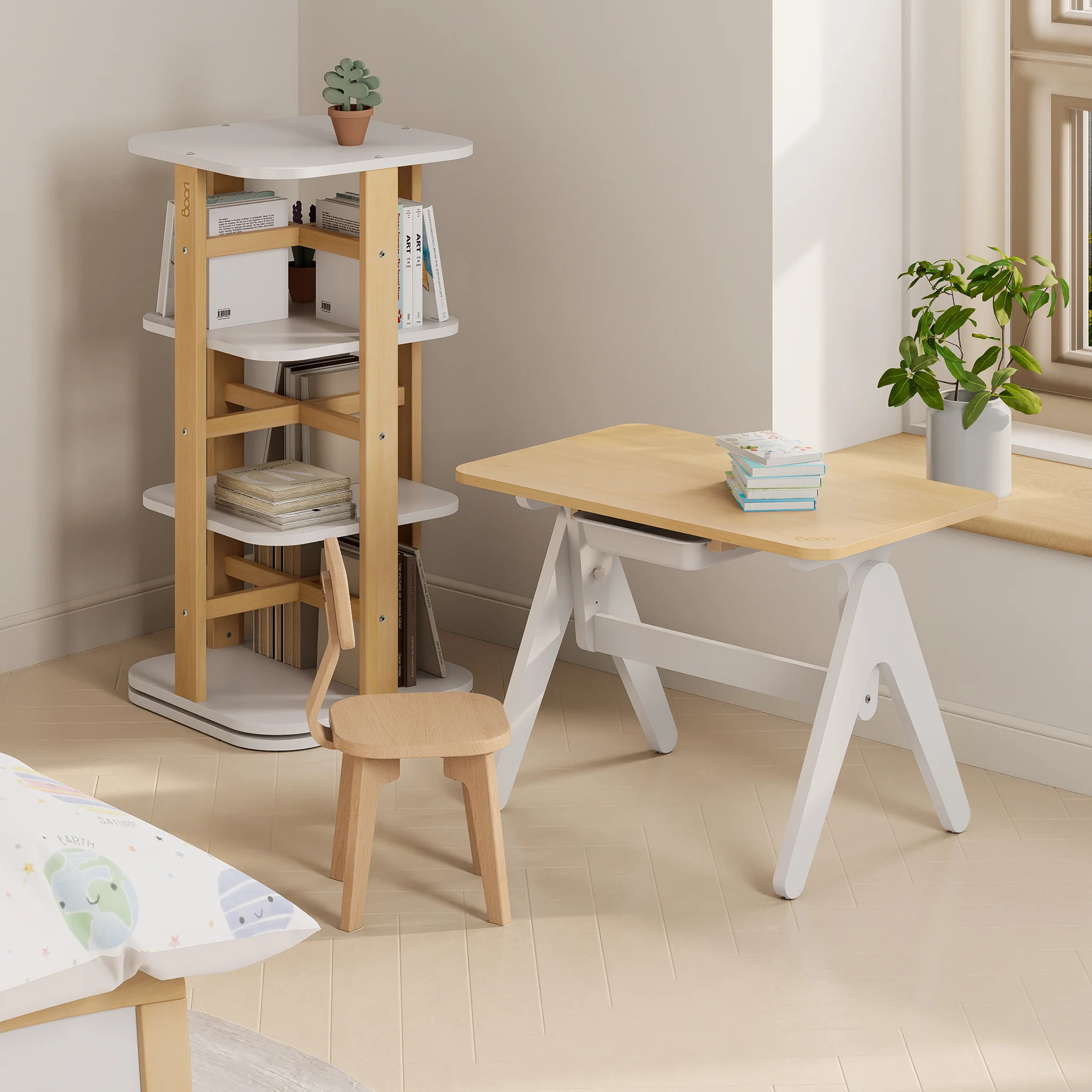 Tidy Learning Table with 2 Chairs and Bookshelf Bundle